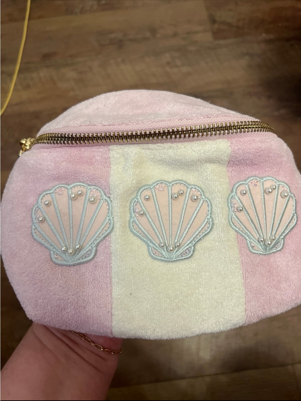 Stoney Clover Lane Terry Pink & Cream Shell Embroidered Fanny Pack - Picture 2 of 6